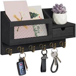 FifthQuarter Key and Mail Holder for Wall, Mail Organizer Wall Mount with 6 Hooks and Storage Drawer, Easy Installation Key Rack for Entryway and Home Decor (B-Black)
