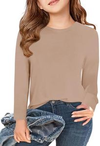Haloumoning Girls Long Sleeve T Shirts Kids Fall Tops Crewneck Basic Tees 5-14Y Khaki