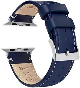 BARTON WATCH BANDS - Navy Blue Leather & White Stitching Top Grain Leather Watch Bands Compatible with Apple Watch Models - 1, 2, 3, 4, 5, 6, 7, 8, 9, 10, SE, Ultra & Ultra 2 - (42mm/44mm/45mm/49mm)
