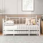 Metal Daybed Frame Set Premium Steel Slat Support Daybed and Roll Sofa Bed， Multifunctional Mattress Foundation/Twin Day Bed Sofa, Easy Roll in-Out Trundle Bed (White)