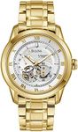 Bulova Men's Classic Sutton 4-Hand Automatic Watch, 24-Hour Sub Dial, Open Aperture, Self-Winding, Exhibition Caseback, Double Curved Mineral Crystal, Luminous Hands, 42mm, Gold Tone/ Silver White Dial, Classic Automatic Gold-Tone Stainless Steel Gold-Tone Stainless Steel Bracelet