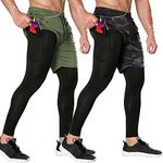 Odoland 2 Pack Mens Athletic Compression Running Pants, 2 in 1 Quick Dry Athletic Workout Sweatpants Shorts Gym Leggings with Pocket, Army Green/Camo, L