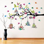 Vinyl Graphics Decor Colorful Tree With Birds And Hanging Cages Wall Sticker (112 X 80 Cmself-Adhesive, Window, 0.5 Cms)