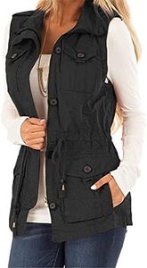 Koodred Women's Casual Military Utility Vest Lightweight Sleeveless Drawstring Jackets with Pockets, Black, XX-Large