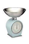 Living Nostalgia Mechanical Kitchen Scale with Bowl in Gift Box, Scale made of Cast Iron with Acacia Wood Stand, Vintage Blue