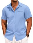 COOFANDY Mens Blue Linen Shirt Casual Short Sleeve Button Down Shirts Summer Tropical Shirts for Men