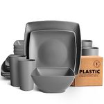 Teivio 16-Piece Kitchen Reusable Plastic Square Dinner Set, Service for 4, Dinner Plate, Dessert Plate, Cereal Bowl, 20 oz Cup, Unbreakable Plastic Plates and Bowls Set, Outdoor Camping Dishes, Grey