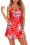 Vlazom Women Sexy Negligees Satin Silk Short V-Neck Nightdress Spaghetti Strap Chemises Full Slips Sleepwear Y-Red,XL