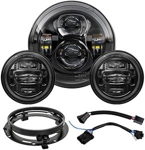 4X4FLSTC 7 Inch LED Motorcycle Headlight 4.5 Inch Fog Passing Light Kit Ring for Touring Street Glide Road King Fatboy Heritage Softail Electra Glide Ultra Classic with Bracket Mounting Ring DOT Black