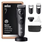 Braun Beard Trimmer Series 7, +7 Barbering Tools, Mens Beard Trimmer with Lifetime Sharp ProBlade, Up to 120 Min Runtime, 40 Lengths, Waterproof, PrecisionWheel & Lock, BT7525, Grey
