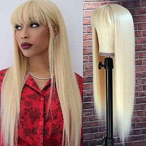 QD-Tizer #613 Blonde Long Straight Synthetic Hair Wigs with Bangs Women's Costume Wig Heat Resistant Hair Replacement Wig