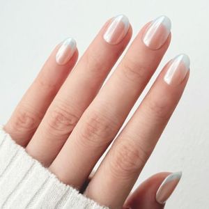 ohora Gel Press On Nails | Blue, French, Short Oval |Cloud French