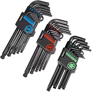 Carbyne 35-Piece Long Arm Ball End Hex (Allen) Key Wrench Set, Inch (Standard)/ Metric/Torx. Includes Metric Hex 1.27mm-10mm, SAE Hex 0.05"-3/8", Torx T10-T50. Heat Treated S2 Steel