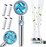 High Pressure Water Saving Shower Head - Propeller - Turbo Fan Drive Jet Shower Head-with Water Stop Button and 4Pcs Filter-360 Degree Rotating Shower Head(Blue)