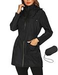 Rain Jackets For Women Waterproof Lightweight Packable Outdoor Hooded Raincoat, Solid Black, Large