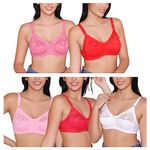 INKURV Full Coverage Bra for Women with Cotton Blend Fabric for High Support-Combo of 5|BLS,Rd,Pk,Q,W|36C