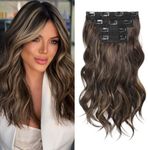 REECHO Hair Extensions, 4PCS Clip in Hair Extensions 14" Short Beach Wavy Hair Extensions Invisible Lace Weft Natural Soft Hairpieces for Women – Dark Brown with Highlights