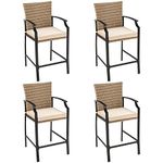 Tangkula Patio Rattan Bar Stools Set of 4, Outdoor Wicker Bar Height Chairs W/Soft Cushions, High Backrest & Curved Armrest, Convenient Footrest, Ideal for Garden, Poolside, Balcony