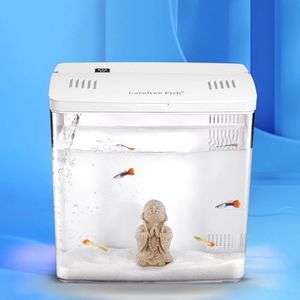 Carefree Fish 1.2Gallon White Fish Tank Office USB Small Betta Aquarium LED Light with Filter (Include Sand and Tiny Buddha)