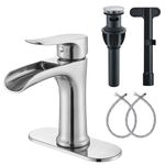 Mosson Bathroom Faucet Waterfall Brass Bathroom Sink Faucet with Pop-Up Drain & Deck Plate,Brushed Nickel Single Handle Bathroom Faucet for Sink 1 or 3 Hole Deck Mount