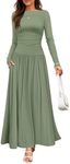 ZESICA Women's Long Sleeve Maxi Dress 2024 Fall Crewneck Knit Casual Slim Swing Pleated Dresses with Pockets,Bean Green,X-Large