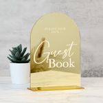 Acrylic Wedding Sign with Stand- 5"x7" Gold Mirror Arch Acrylic Guest Book Sign and Base,1/8" Thick | Modern Calligraphy White Lettering Acrylic Arch Sign for Wedding Reception & Party