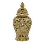 20 Inch Temple Jar, Pierced Details, Dome Lid, Ceramic, Gold Finish