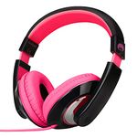 Rockpapa Comfort Kids Headphones, Over Ear Headphones Wired, Childrens Headphones with Adjustable Headband, Stereo Sound, Wired Headphones for Kids Girls Teens Adults (Black Pink)