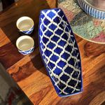 BACKKSPACE RETAIL Hand-Painted Ceramic Kebab Serving Plate with 2 Matching Dip Bowls - 36cm Blue Starter Platter for Snacks & Appetizers | Microwave & Dishwasher Safe| Perfect for Home & Restaurant