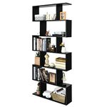 Giantex Geometric Bookcase Black, Wooden S-shaped Bookshelf, 6-Tier Modern Freestanding Decorative Storage Display Shelves for Bedroom, Living Room