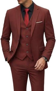 YND Men's Slim Fit 2 Button 3 Piece Suit Set, Blazer Jacket Vest Pants and Tie, Solid Wedding Dress Tux and Trousers Brick Red