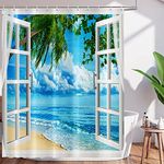 Tropical Beach Shower Curtain Summer Seaside Scenery Hawaiian Palm Tree Ocean Island Bath Curtains White Wooden Window Polyester Waterproof Bathroom Decor Shower Curtain Sets with Hooks 72x72 Inch