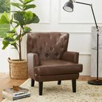 glitzhome Mid-Century Accent Chair, Modern Leatherette Button-Tufted Arm Chair for Living Room Cozy Reading Classic Wingback Design and Nailhead Trim Armchair for Bedroom Office, Coffee