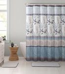 VCNY Home Ashley Light Blue Beige Grey Canvas Fabric Shower Curtain: Contemporary Floral Bordered Damask Design, 72 72 inches