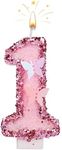 2.7 Inch Birthday Number Candles, Pink Number Candles Cake Topper Butterfly Birthday Candles with Sequins Glitter for Anniversary Celebrations Supplies (Number 1)