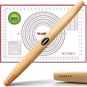 WALFOS French Rolling Pin and Silicone Baking Mat Set, Non-Stick Beech Wood Rolling Pin 15.7 Inch and Pastry Mat for Best Pie Crust, Cookie, Pasta and Pizza Dough