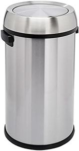 Amazon Basics Round Cylindrical Stainless Steel Rubbish Bin with Swing Lid, 65 litres, Silver & Black