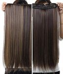 Hot Hairs 24 Inch 3/4 Full Head 5 Clip Long Straight Hair Extension for Women Brown Golden Highlighted Fake Hair Extensions