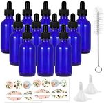 12 Pack 60 ml 2 oz Blue Glass Boston Bottles with Glass Droppers and Black Caps.Glass Dropper Bottles for Essential Oils,Lab Chemicals,Colognes,Perfumes.Included 1 Brush,2 Funnels and 24 Labels.