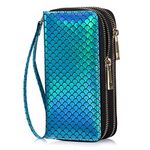 HAWEE Cellphone Wallet for Women Dual Zipper Long Purse with Removable Wristlet, Shiny Mermaid Blue