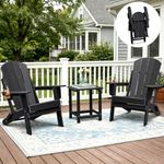 Skypatio 3 Pieces Folding Adirondack Chairs Set, Weather Resistant Adirondack Chairs Set of 2 with Cup Holder and 1 Side Table, 380 lb Weight Capacity Portable Patio Fire Pit Chairs (Black)