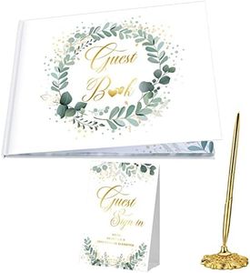 Geyee 3 Pcs Wedding Guest Book Set, Wedding Reception Registry Book with Pen and Holder Guestbook Registry Table Sign for Bridal Wedding (Eucalyptus)