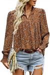 Hotouch Women Long Sleeve V Neck Drawstring Chiffon Blouses Shirts Boho Tops and Blouses Floral Brown X-Large