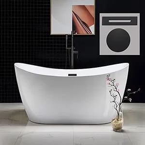 WOODBRIDGE 59" Acrylic Freestanding Bathtub Contemporary Soaking White Tub with Matte Black Overflow and Drain，B0016 -MB-Drain &O