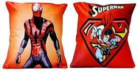 MONK MATTERS Micro Sation Fabric Spiderman & Superman Cartoon Printed Cushion Cover with Fiber Fillers (Size 12 Inches x12 Inches, Multicolor) Pack of 2