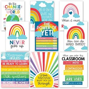Hadley Designs 9 Rainbow Classroom Decor Signs, Welcome Sign For Bulletin Board Decorations, Growth Mindset Classroom Posters Elementary, Middle School, Classroom Rules