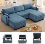 VBONDA 110" Modular Sectional Couch with Storage Seat & Ottoman,3 Seater U Shaped Deep Seat Sofa with USB Charging Port and Cupholder for Living Room,Blue