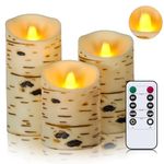 Tasodin Birch Bark Flickering Flameless Pillar Candles with Remote, 3 Pack (D3 x H4 5" 6") Plastic LED Battery Candles with Moving Wick for Christmas Home Decor