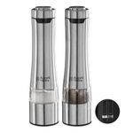 Russell Hobbs Stainless Steel Electric Salt & Pepper Mill Set with adjustable ceramic grinder heads for fine or coarse grinding, Battery operated, Light up during use, One handed operation, 23460-56