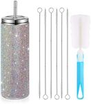 Glitter Water Bottles Diamond Bling Cup 20oz Rhinestone Stainless Steel Water Bottle Insulated Cups with Straws Christmas Water Bottle with Cup Brushes 6 Pcs Straw Brushes for Women (Colorful)